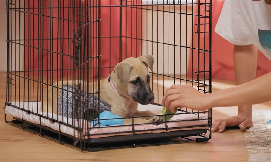 a person training a puppy in a robust pet cage